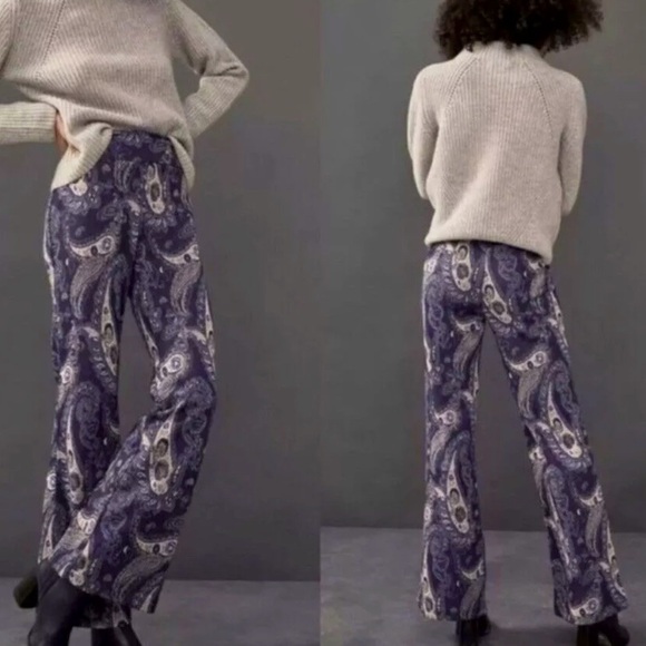 Anthropologie Maeve Maria Paisley‎ Flare Boho Pant 70s Retro Metallic NWT Sz 10 - Picture 1 of 10